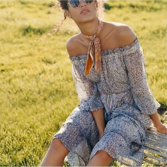 Anthropologie Kira Off Shoulder Blue Peasant Dress Drawstring Waist Sz 2p - Picture 9 of 9